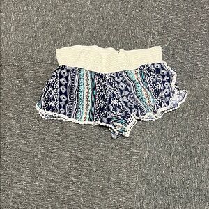 Blue Printed Ruffle Hem Shorts with Crochet Waistband